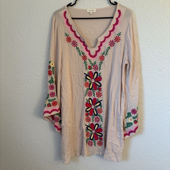VELZERA Dresses & Skirts - Velzera Womens Embroidered Floral Tunic Dress Small Bell Sleeve